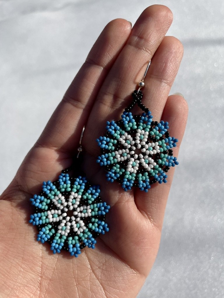 Colorful Huichol Flower Earrings - monochromatic blue.jpeg