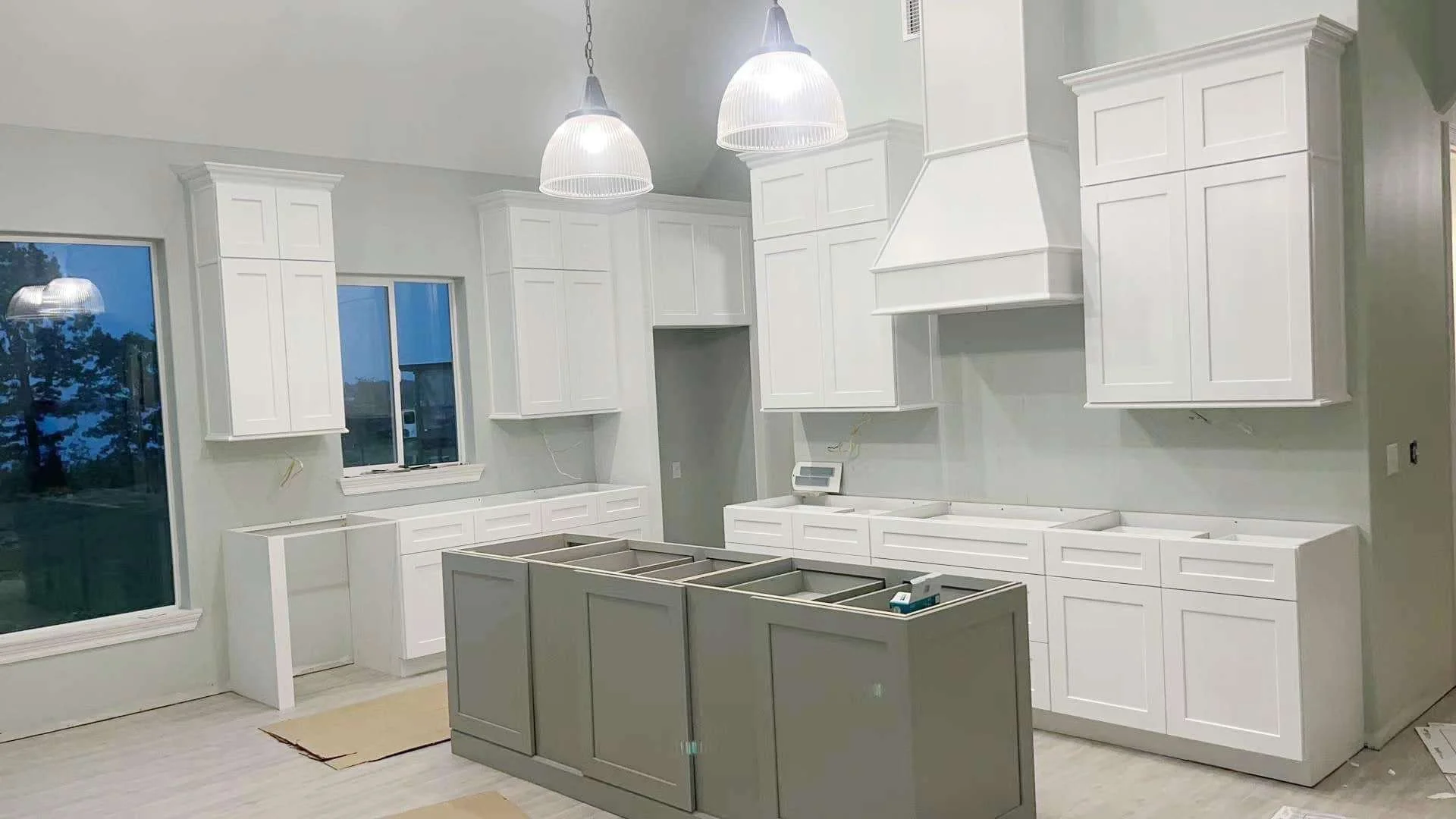 White Shaker Cabinets/ Double Stacked/ Unfinished Island