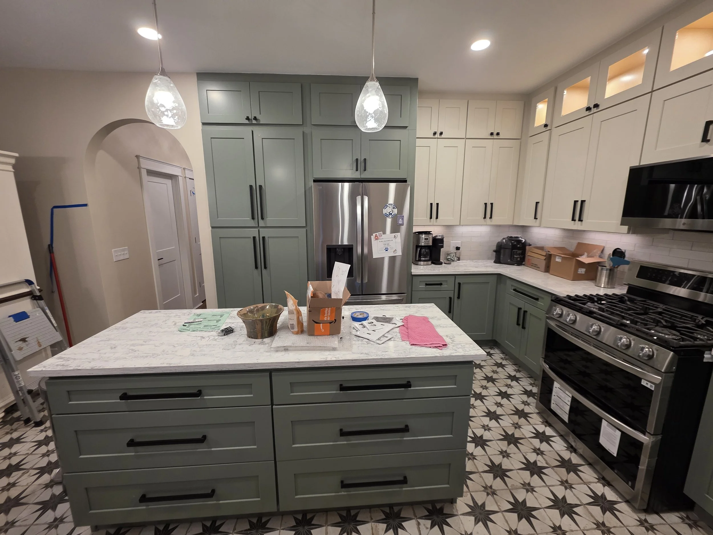 Sage Green Base Cabinets/Off White Wall Cabinets