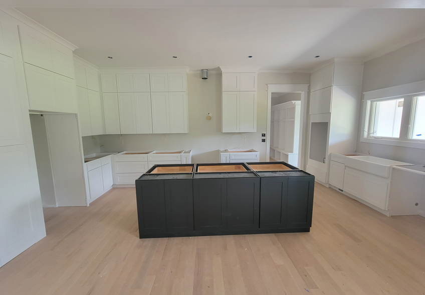 White Shaker Perimeter/ Black Shaker Island Cabinets