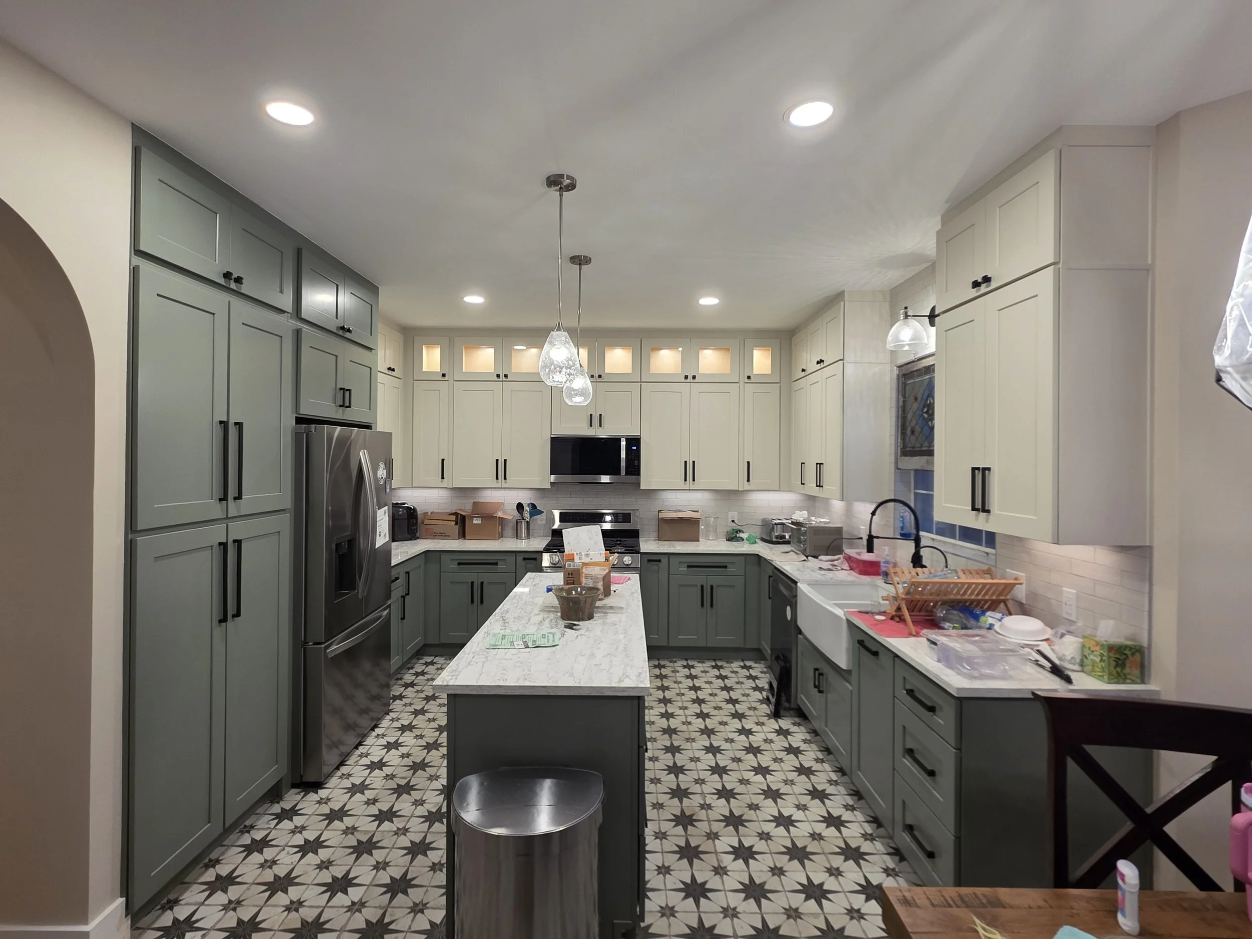 Sage Green Base Cabinets/ Off-White Wall Cabinets