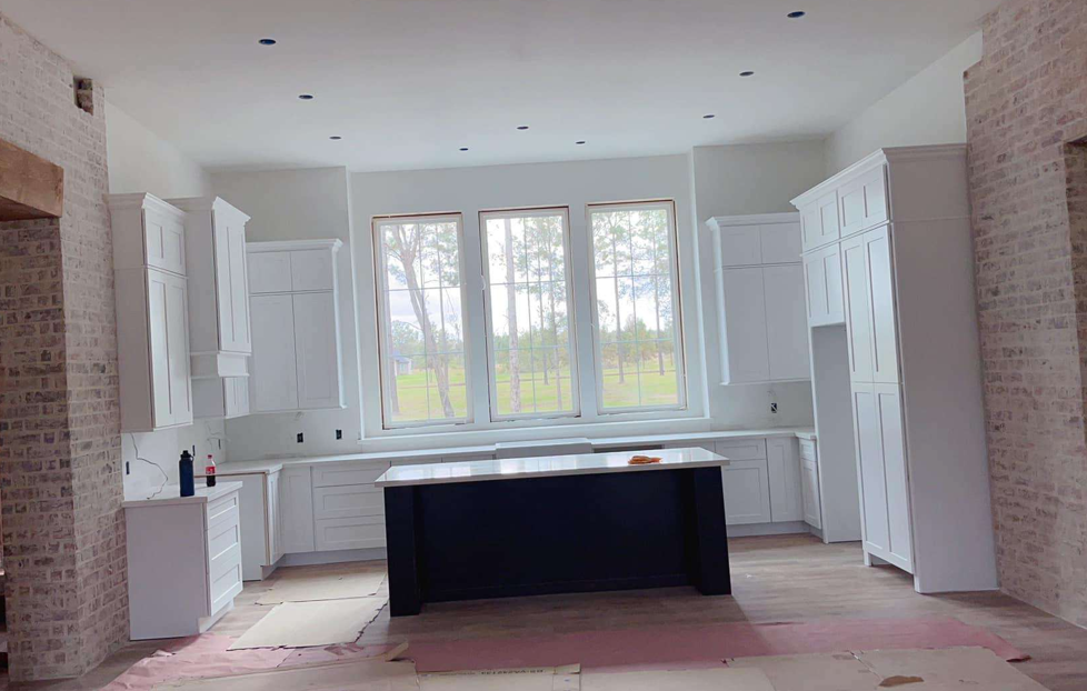 White Shaker Perimeter Cabinets/ Black Shaker Island