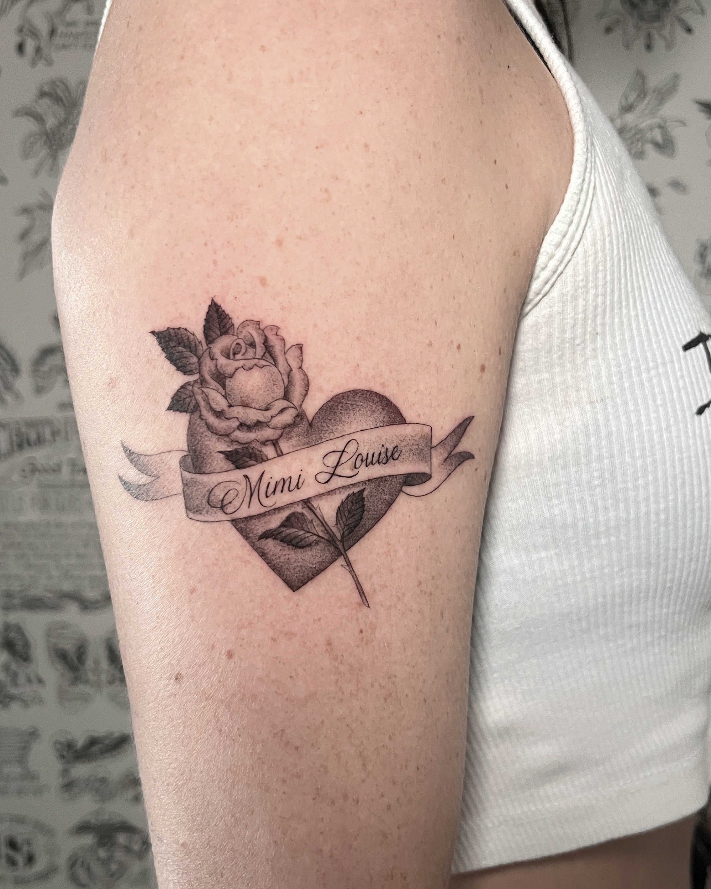 Single needle heart rose and banner tattoo