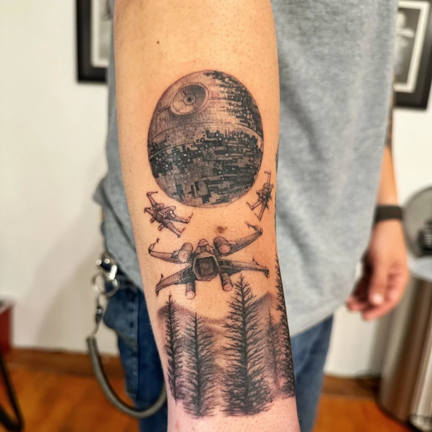 Fine Line Black and Grey Star Wars Death Star Tattoo by Jason Redwood