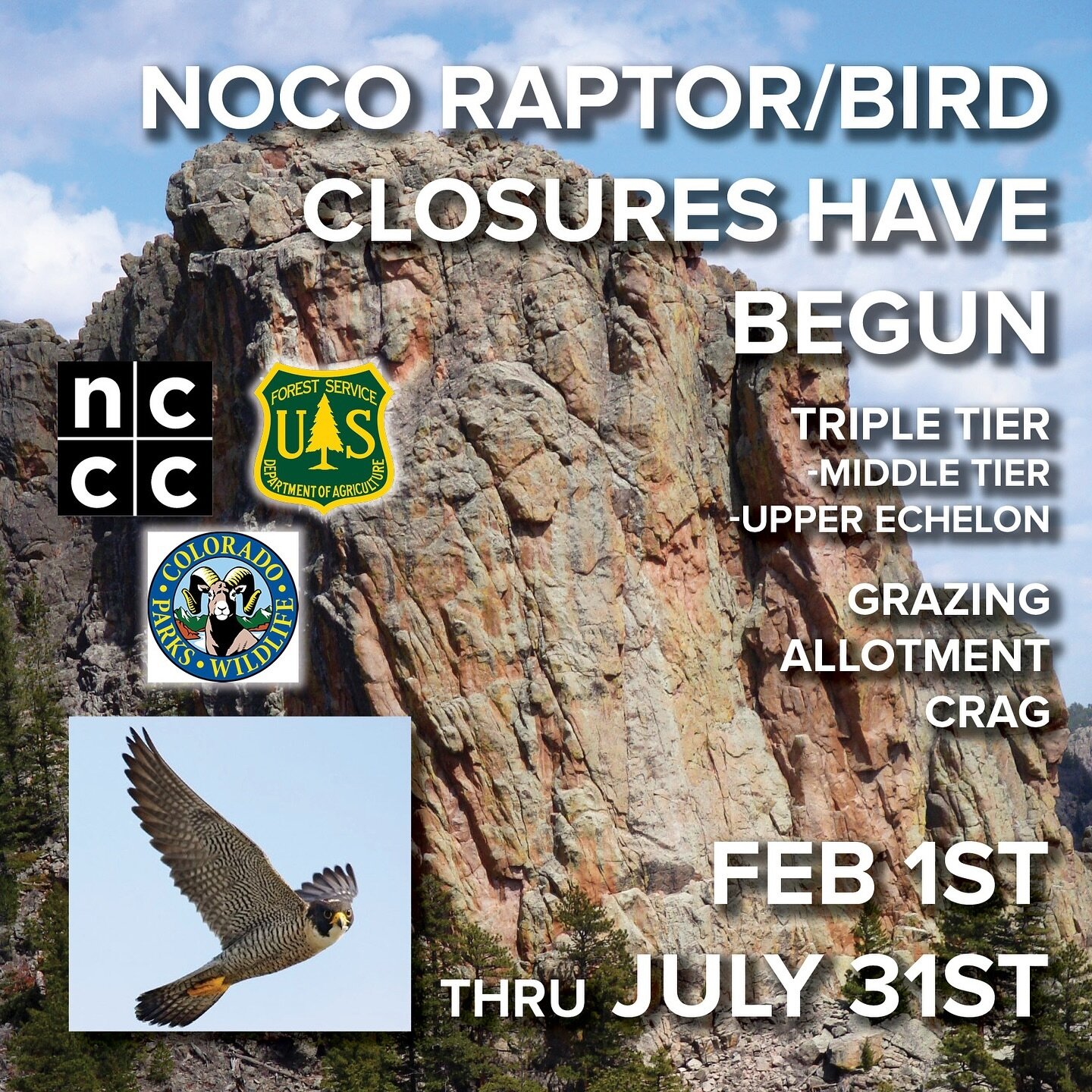 Okay friends it&rsquo;s that time of year. 🦅 
.
Keep in mind that last year was a voluntary closure, this year is not. Which means it will be enforced and citations will be issued. So be safe and climb on! (Just not at triple tier and Grazing Allotm