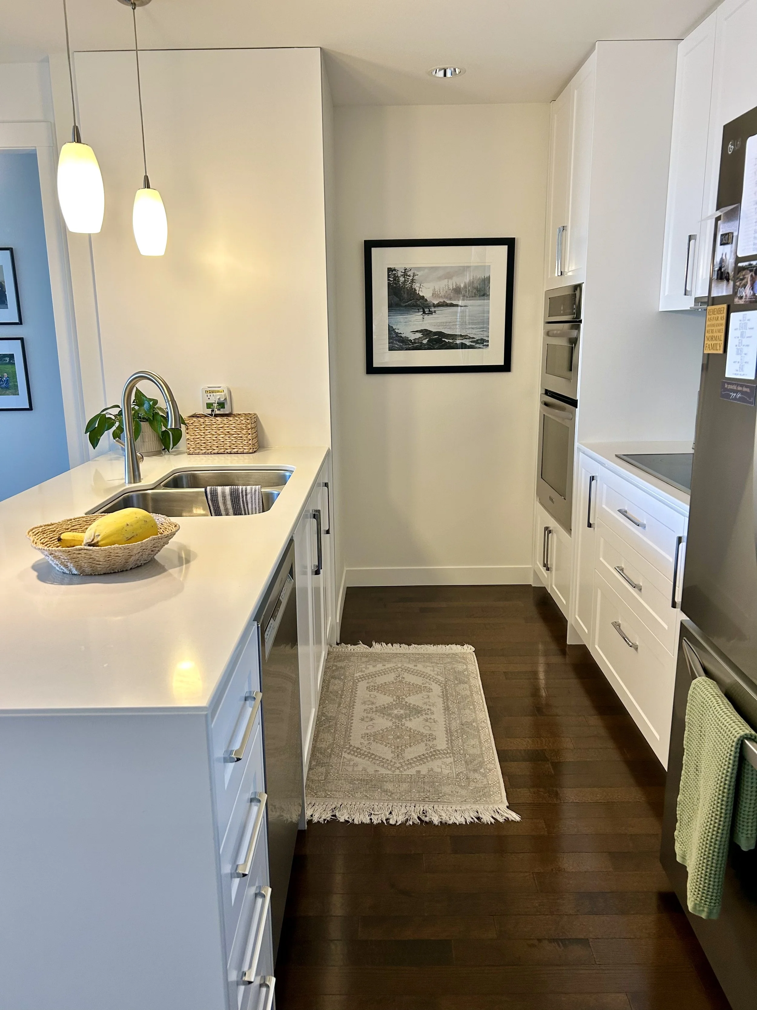 Modern white kitchen with dark hardwood floor, pendant lights, framed landscape photograph on wall, white cabinetry, stainless steel oven, and a small beige rug.