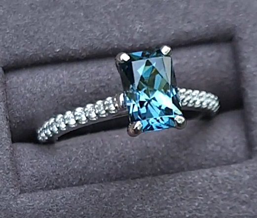 Greenish Blue Natural Sapphire in Platinum Engagement Ring With Lab Diamond Accents