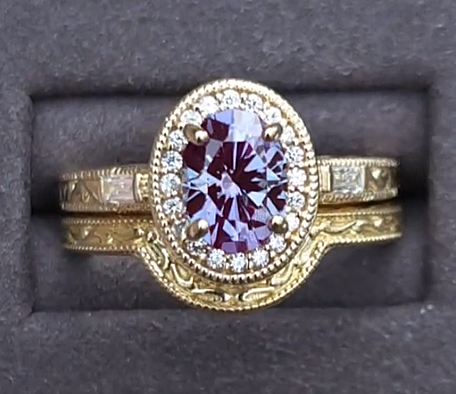 Lab Alexandrite in Vintage-Inspired 14K YG Halo Engagement Ring With Lab Diamond Accents and Matching Contour Wedding Band