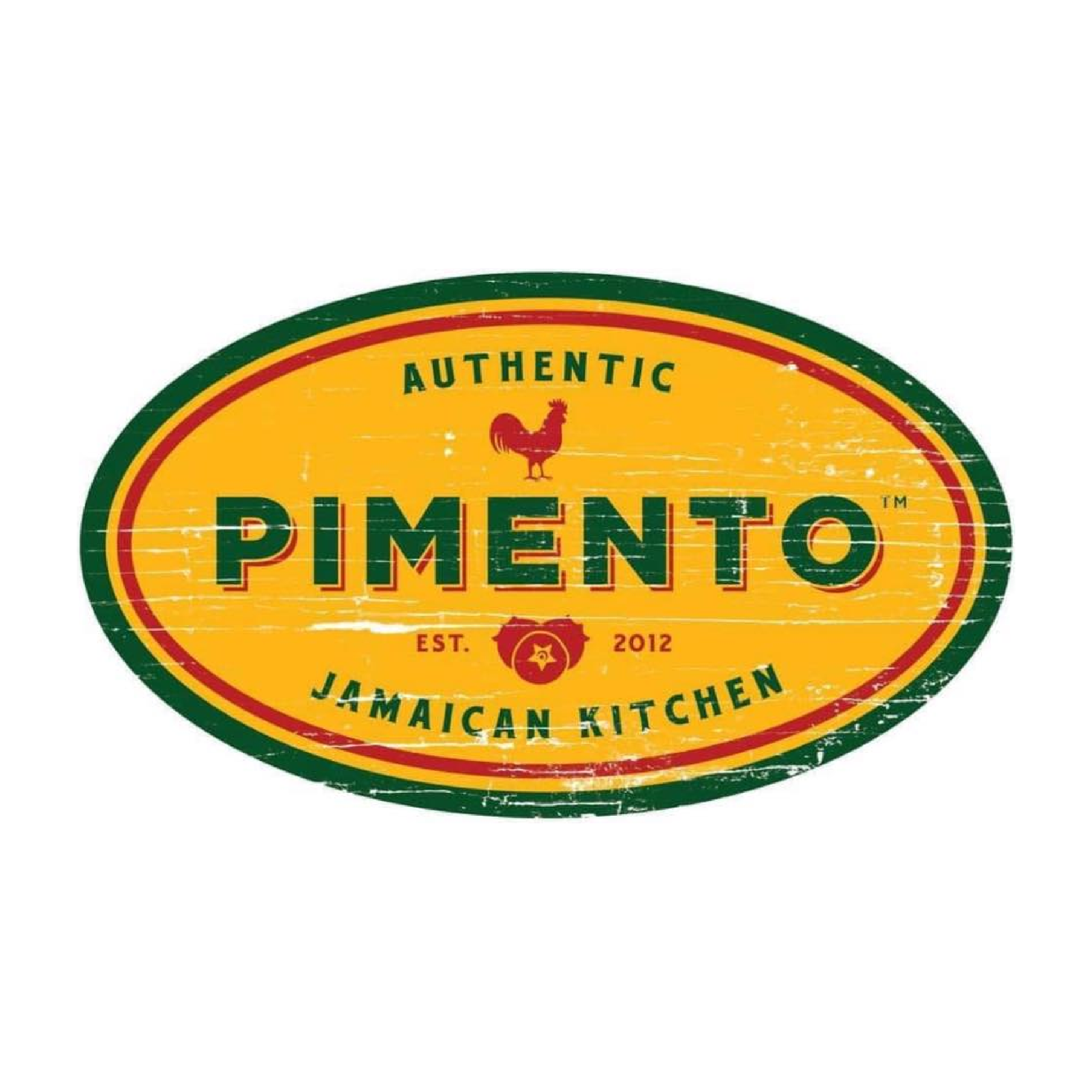Vintage-style logo for Pimento Jamaican Kitchen, featuring a yellow and green oval design with a red rooster and a star, indicating it is an authentic Jamaican restaurant established in 2012.