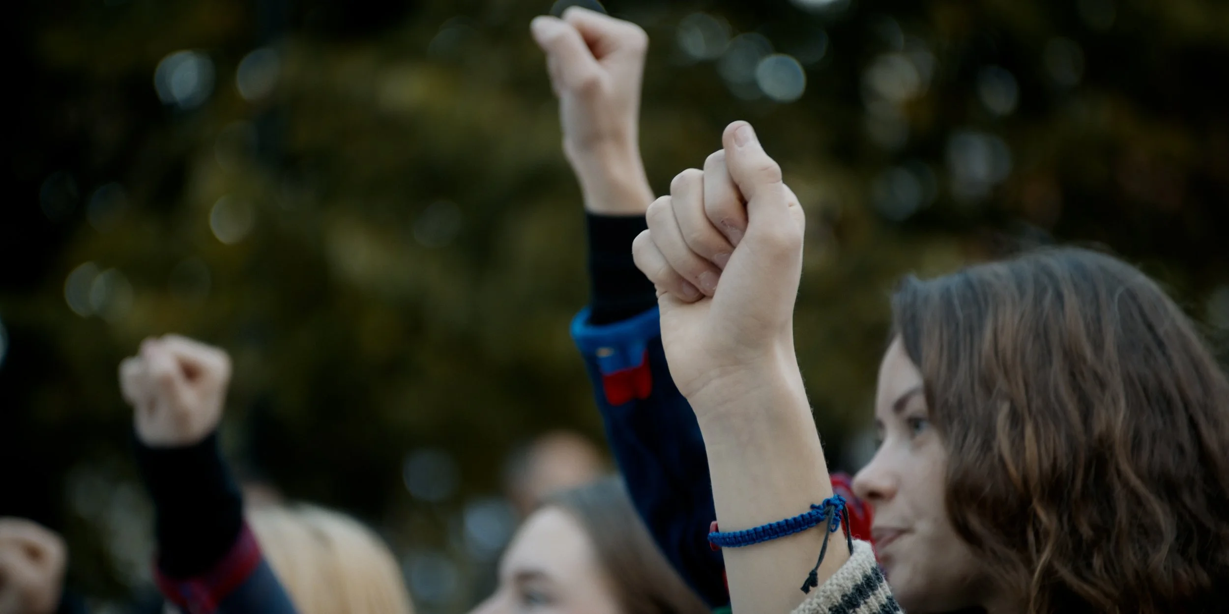 Red-Shaded Green still image of demonstrator with fist in the air