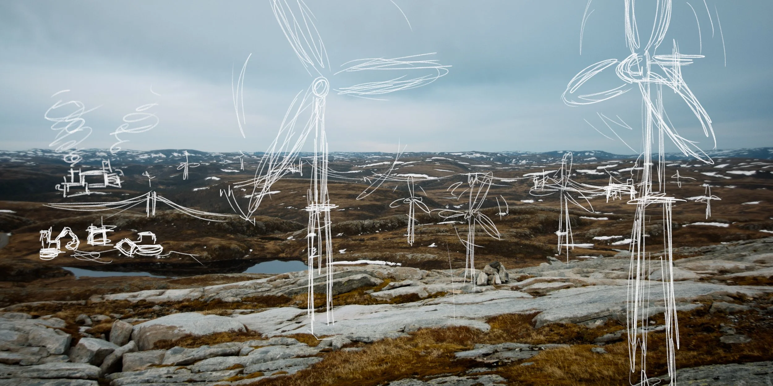 Red-Shaded Green Still image of illustrated windmills on a mountain
