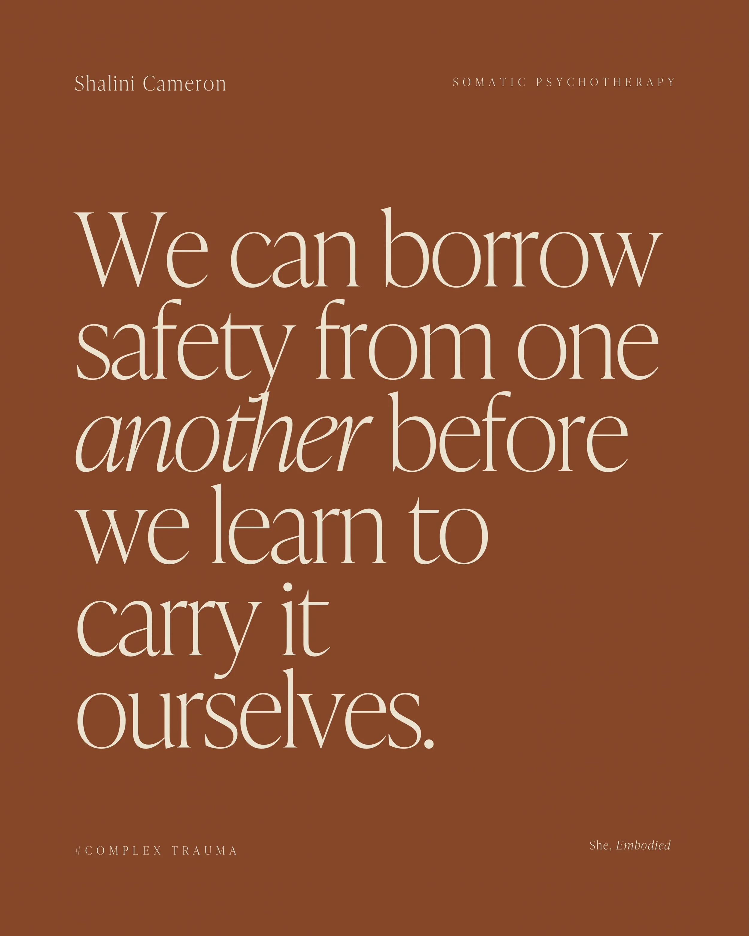 Our nervous system learns safety in relationship. If the people who were meant to protect us were overwhelmed, emotionally unavailable, unpredictable or frightening, our body may never have received enough experiences of co-regulation to build an int