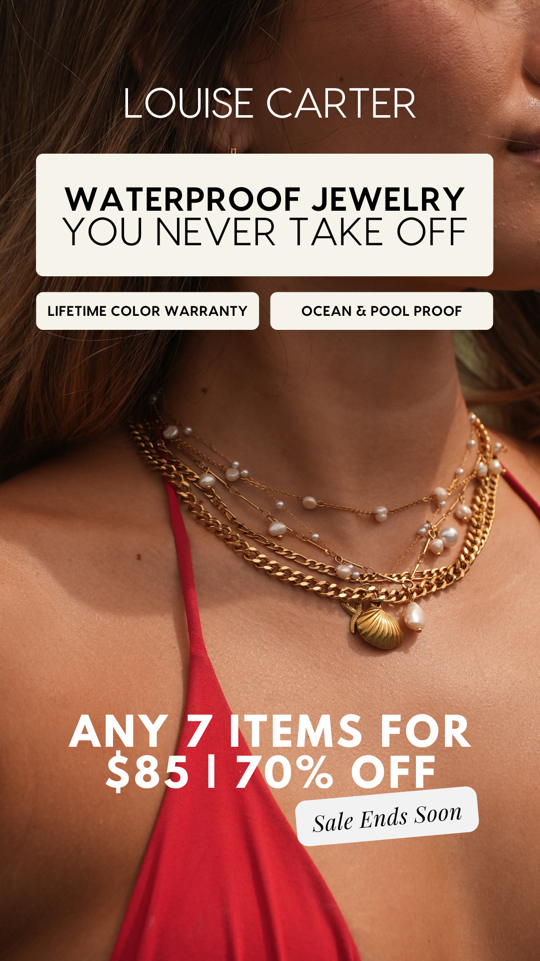 Close-up of a woman's neck and shoulder wearing layered gold and pearl jewelry, red clothing, with promotional text about waterproof jewelry and a sale event.