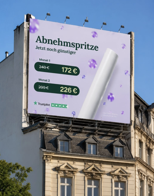 Large billboard advertising weight loss injections with prices reduced from 240€ to 172€ for one month and 299€ to 226€ for two months, featuring purple bubbles and a white injection device image.