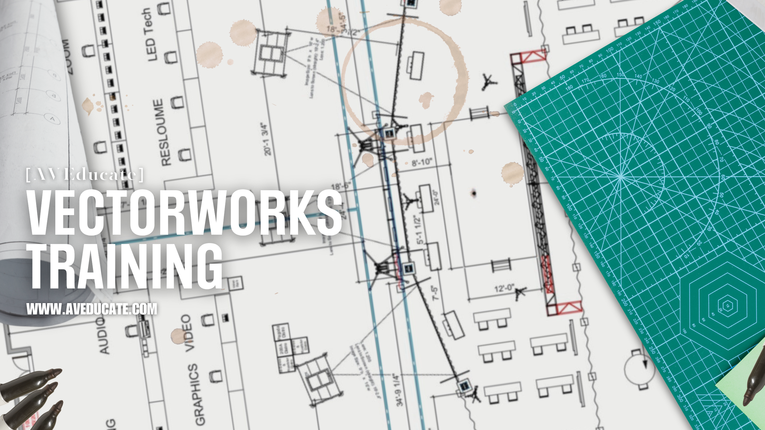Blueprints and drafting tools on architectural plans for learning Vectorworks training, including a green cutting mat, pens, and coffee stains.