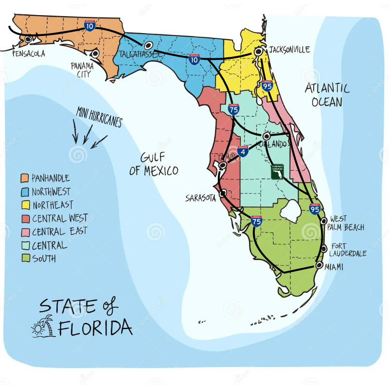 Map of Florida showing regional divisions: Northwest in blue, Northeast in yellow, Central West in red, Central East in pink, Central in green, South in light green, with major cities and highways labeled.