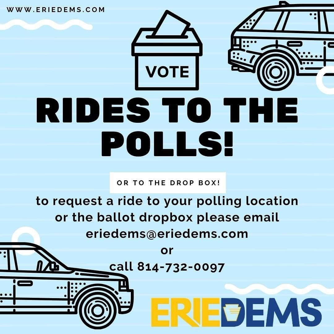 To request a ride to your polling location or the ballot dropbox please email eriedems@eriedems.com or call 814-732-0097 🚙 🗳️ 🇺🇸 📱 📧
