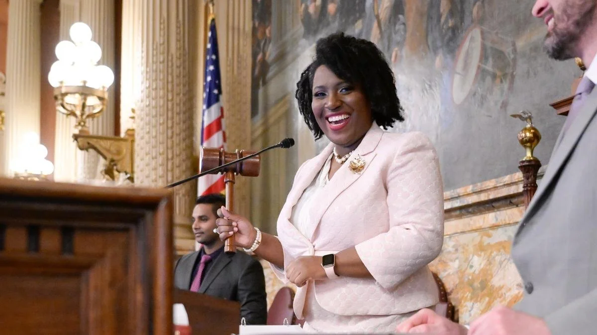 PA Speaker of the House Joanna McClinton in front of microphone.  from PA Spotlight