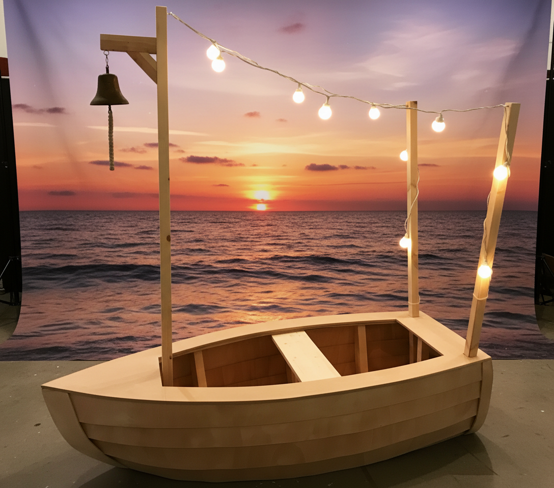 A boat set against a photographic backdrop of a sunset over the sea