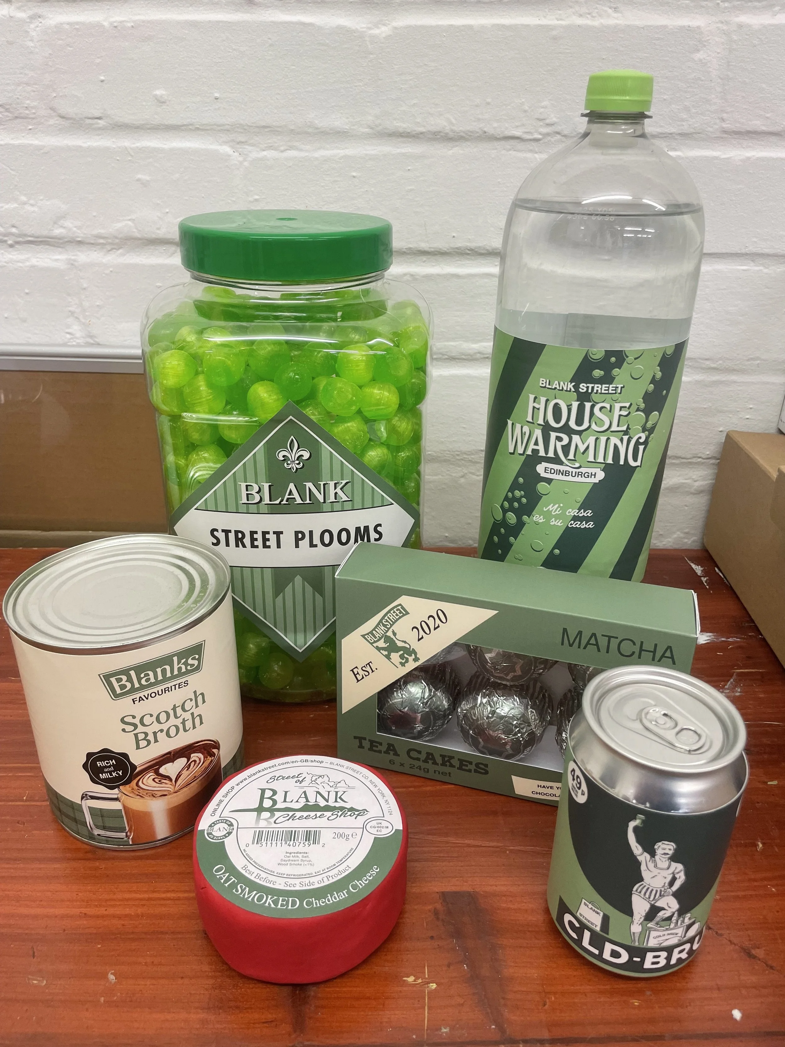 Selections of recognisable products themed to Blank Street branding