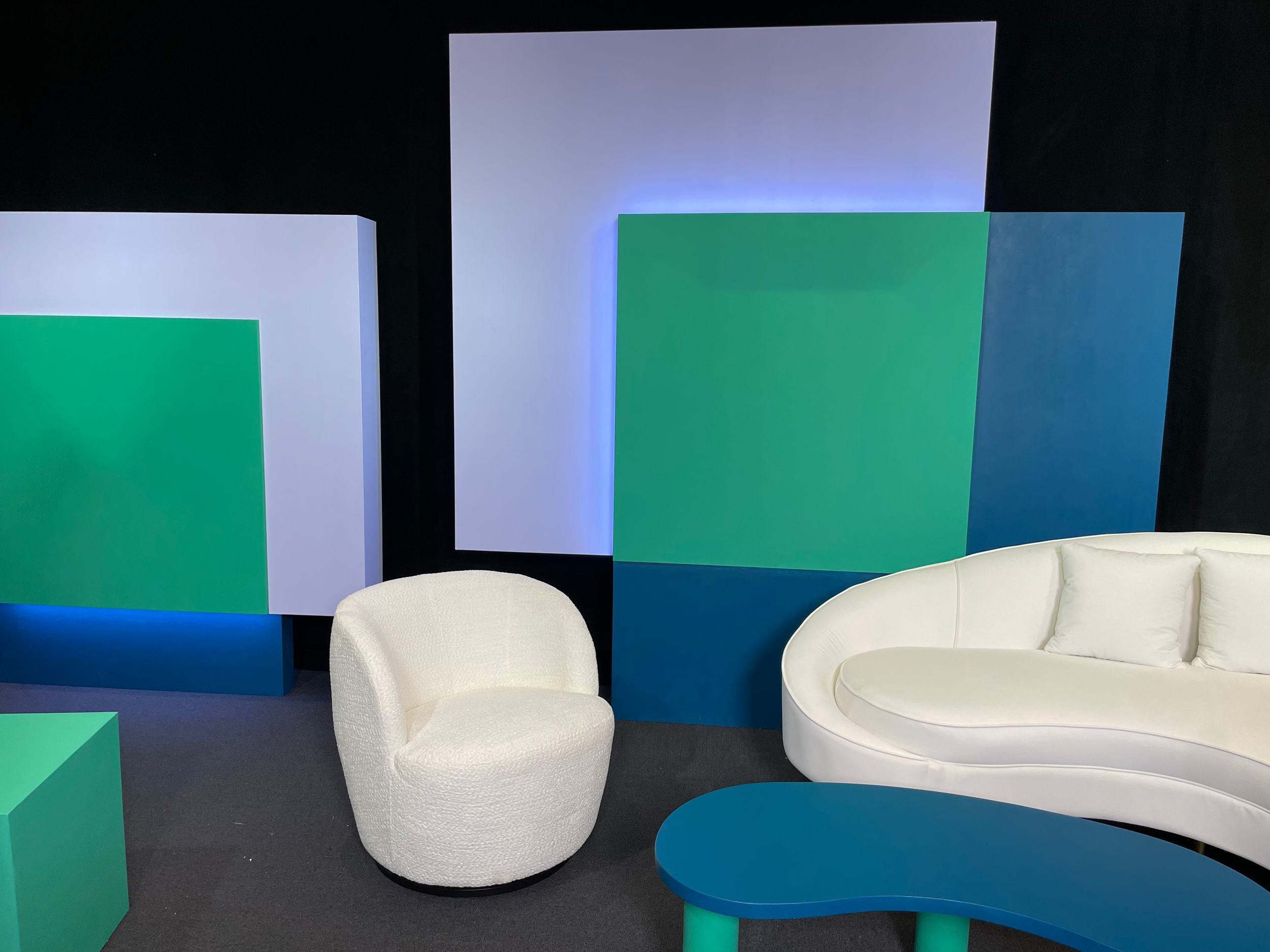 Studio set with a square motif coloured with turquoise, lavender and dark teal