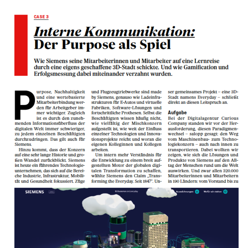 Artikelüberschrift: Interne Kommunikation: Der Purpose als Spiel, mit einem Siemens-Logo und einer Illustration eines 3D-Stadtmodells, Wolken und Gebäuden.