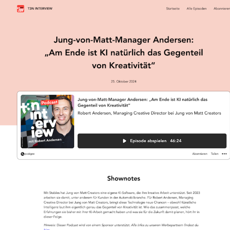 Bild eines Podcast-Players mit einem Bild von Robert Andersen, der den Podcast 'INTerview' zum Thema 'Am Ende ist KI natürlich das Gegenteil von Kreativität' interviewt.
