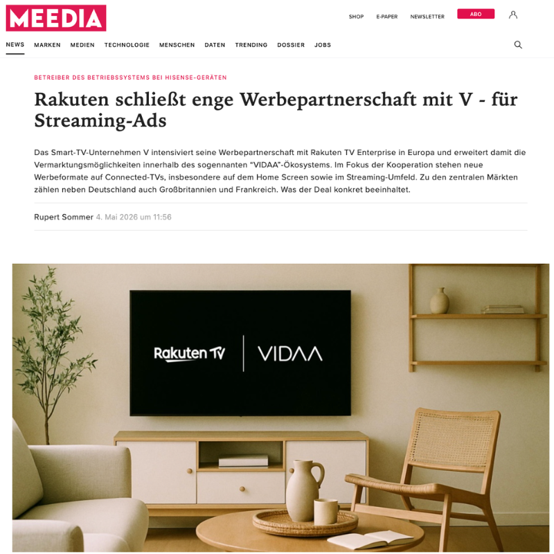 Betreiber des Betriebssystems bei Hisense-Geräten: Rakuten schließt enge Werbepartnerschaft mit V - für Streaming-Ads