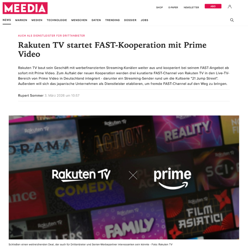 Rakuten TV startet FAST-Kooperation mit Prime Video