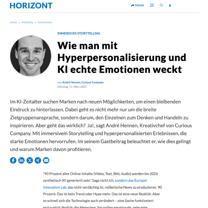 Webseitenartikel zum Thema Hyperpersonalisierung und KI, mit einem Porträtfoto eines Mannes, der lächelt, und verschiedenen sozialen Medien-Icons