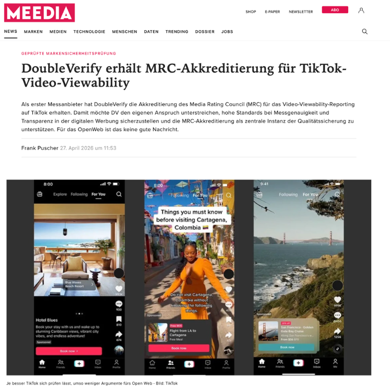 Geprüfte Markensicherheitsprüfung: DoubleVerify erhält MRC-Akkreditierung für TikTok-Video-Viewability