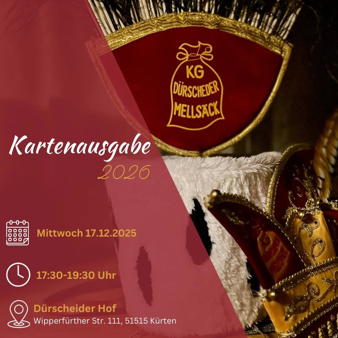 Kartenausgabe 🎫 

Am Mittwoch, 17.12.25 🗓️ von 17:30 Uhr bis 19:30 Uhr ⏰ k&ouml;nnen noch mal die vorbestellten Karten f&uuml;r all unsere Sitzungen abgeholt werden❗️

Es k&ouml;nnen auch noch Karten f&uuml;r unsere 2. gro&szlig;e Damensitzung am 1