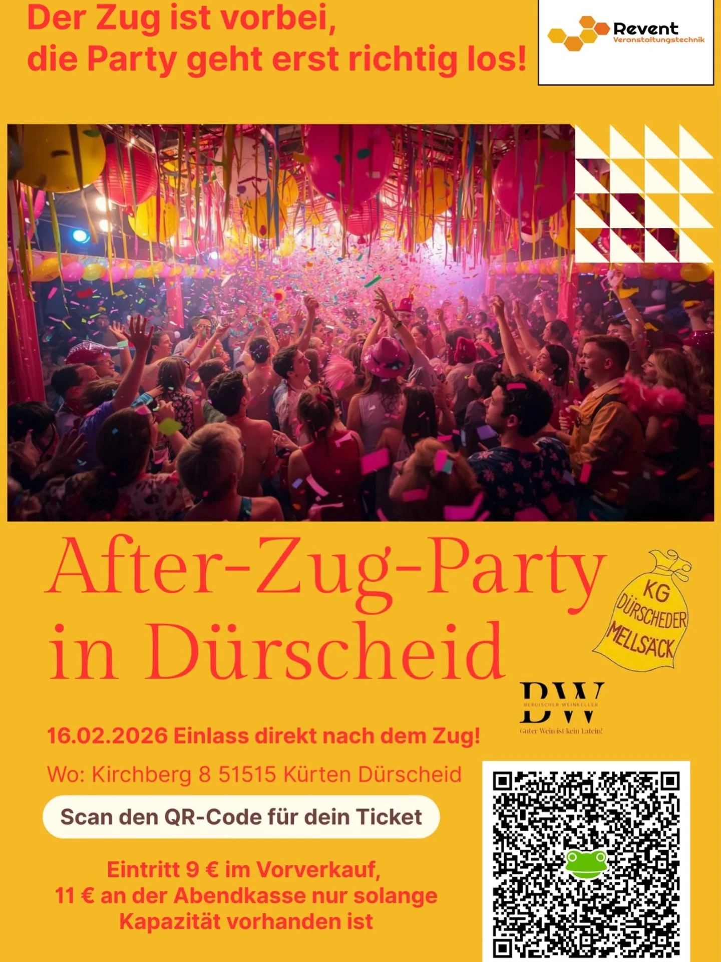 🎉 After Zoch Party in D&uuml;rscheid!🎉

Nach dem Rosenmontagszug geht&rsquo;s endlich wieder los &ndash; dieses Jahr findet die After Zoch Party in der Turnhalle D&uuml;rscheid wieder statt, um gemeinsam zu feiern! 🥳

📍 Wann? Direkt nach dem Zug
