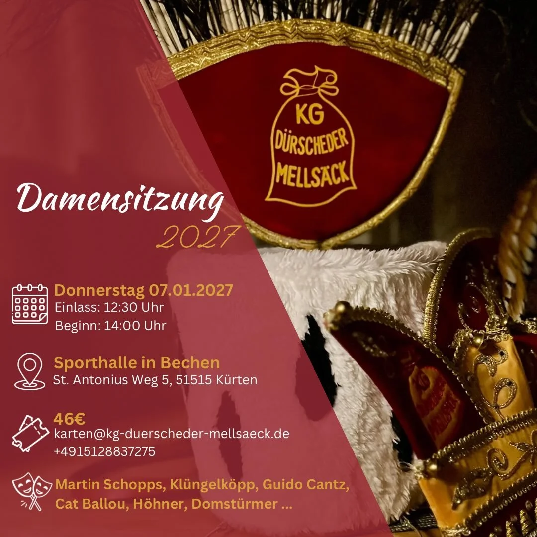 Damen aufgepasst! 

Unsere zweite Damensitzung findet am Donnerstag, 07. Januar 2027 um 14:00 Uhr in der Turnhalle in Bechen statt (Einlass 12:30 Uhr). Im Programm haben wir f&uuml;r euch unter anderem: Martin Schopps, Kl&uuml;ngelk&ouml;pp, Guido Ca