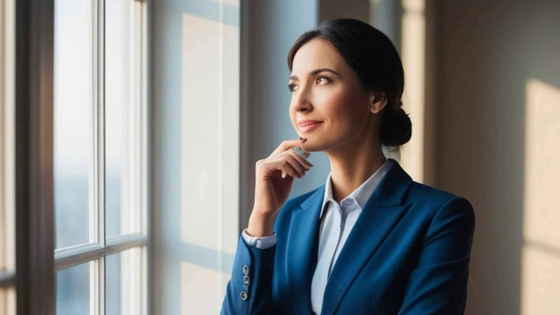 executive woman gazes out window