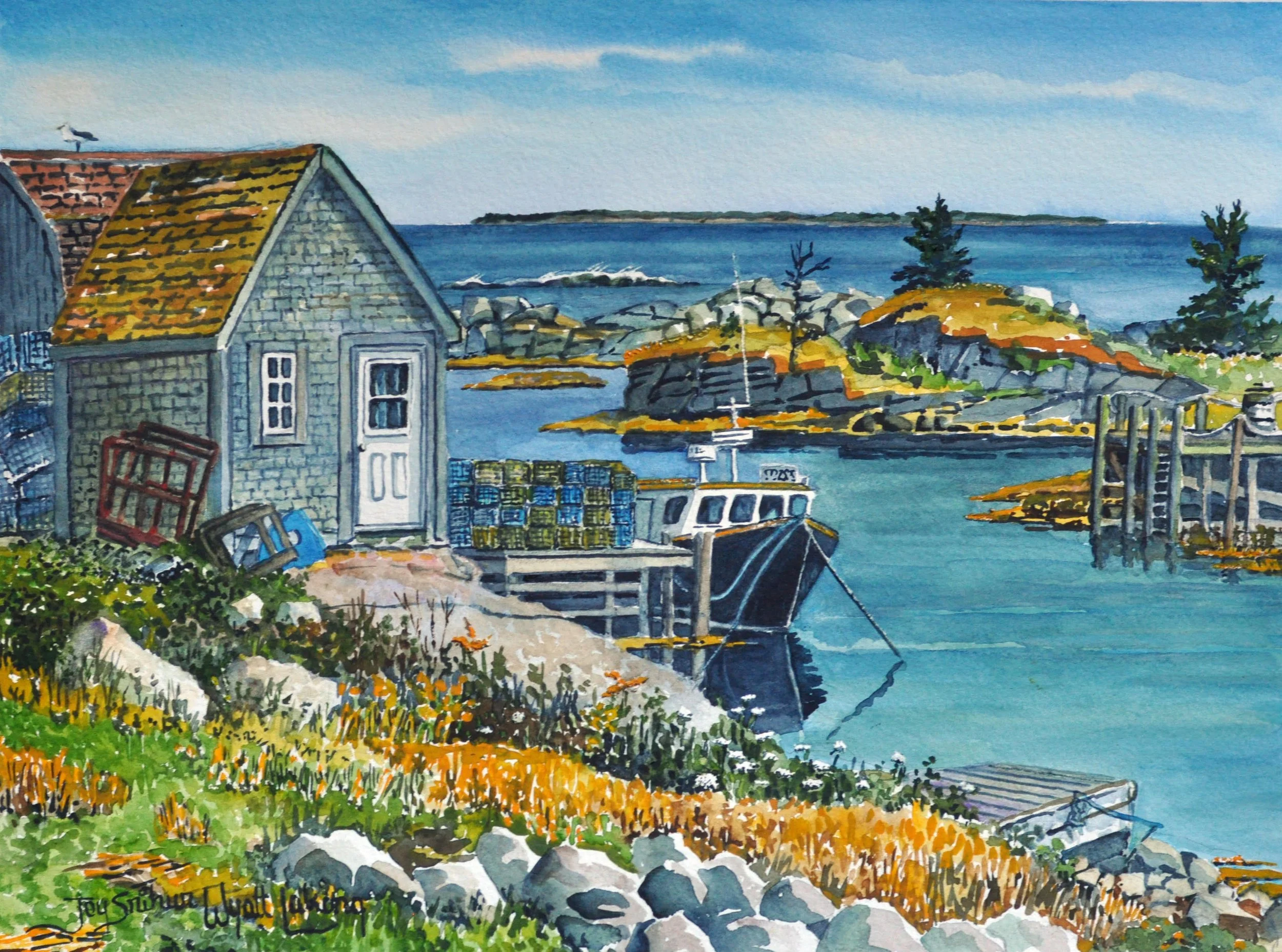Fish Shed and Boat near Blue Rocks
watercolour, 25 x 36
$900