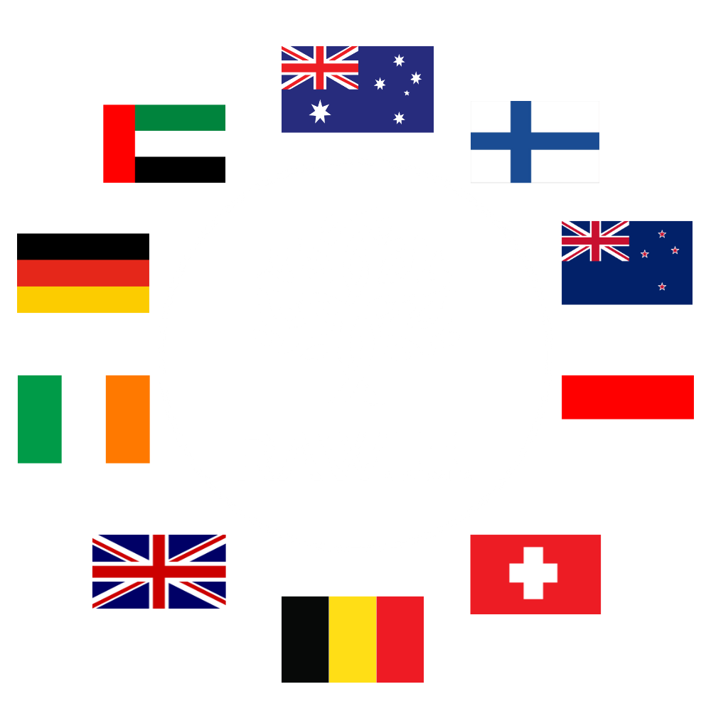 Raw Life Australia tree logo surrounded by flags from countries where Jim has taught, highlighting global self defence and combatives experience