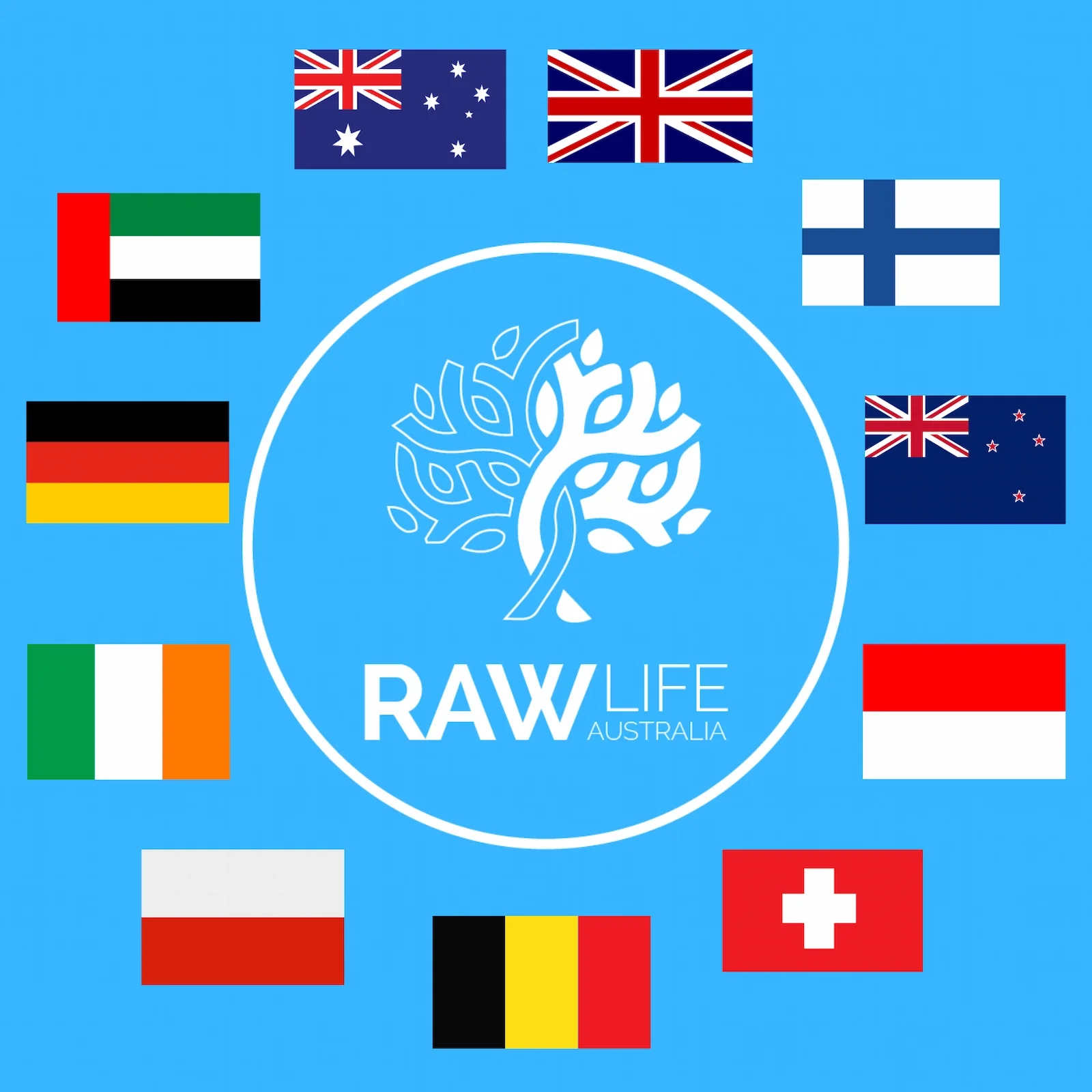 Multiple national flags surrounding a logo with a stylized tree and the words 'RAW LIFE AUSTRALIA' on a blue background.