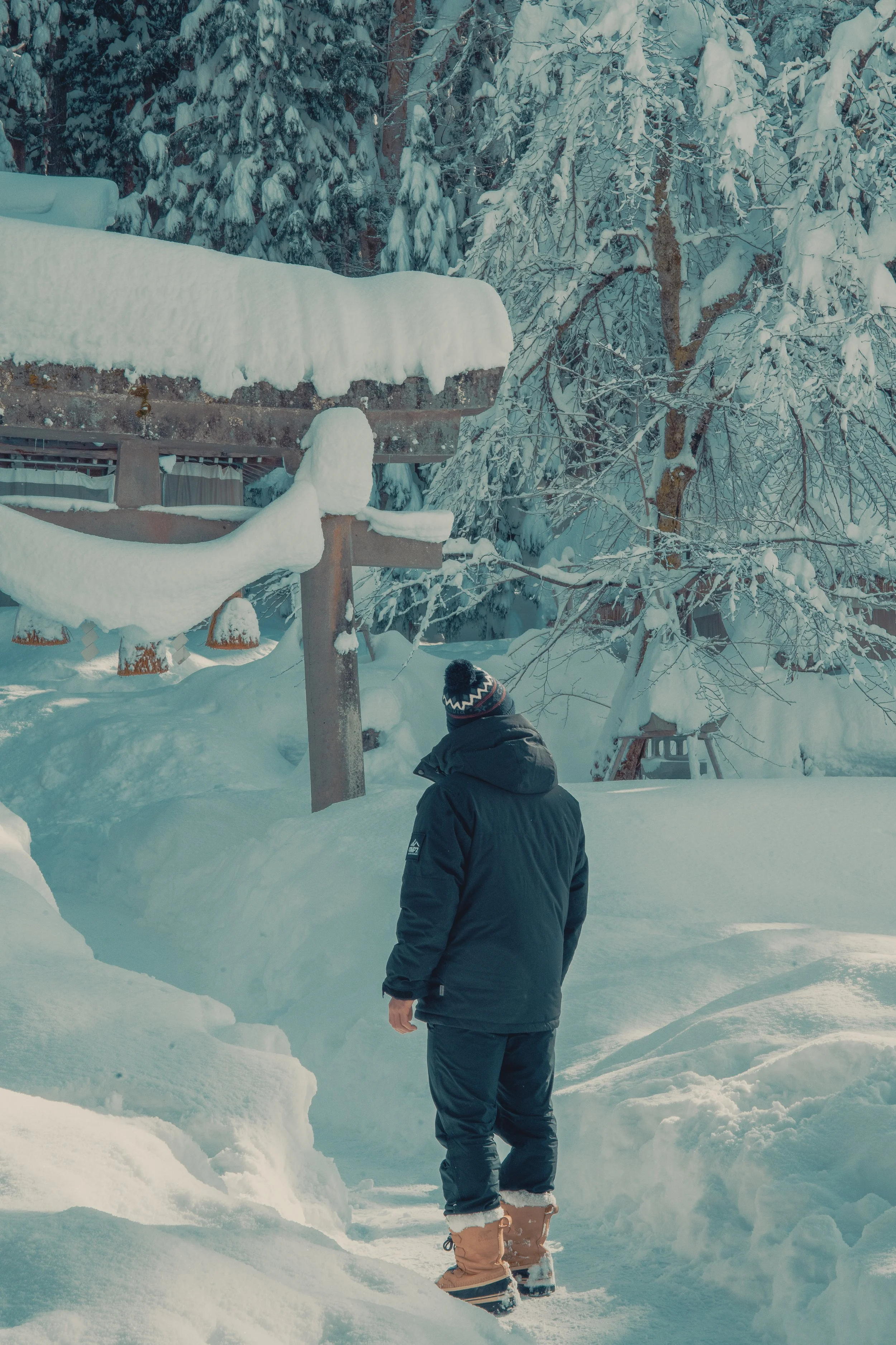 Person dressed in winter clothing, including a black jacket, black pants, tan boots, and a knit hat, standing in deep snow near a snow-covered wooden torii gate and trees in a winter landscape.