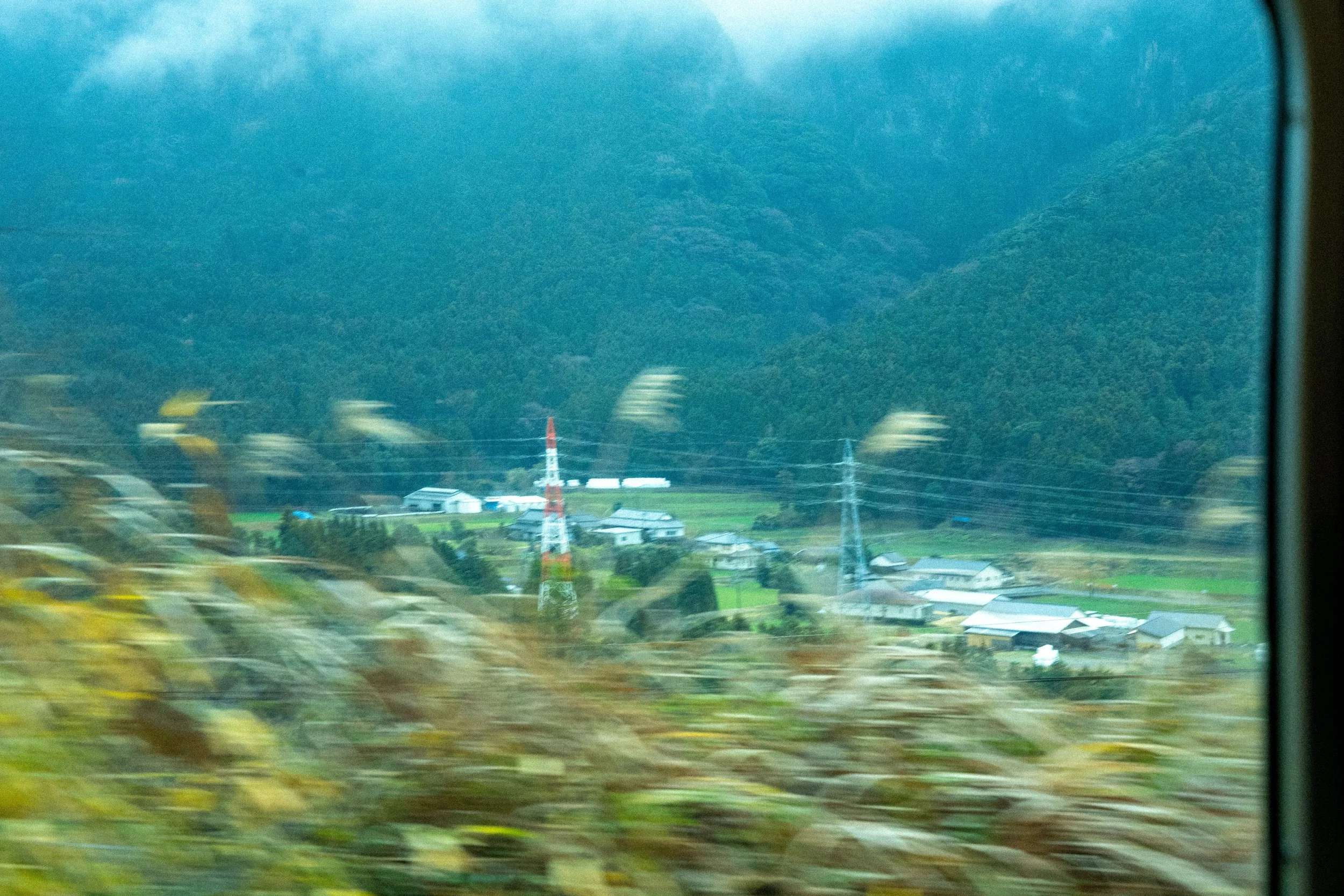 View of a rural landscape with houses, trees, and power lines, seen through a moving vehicle window with a blurred foreground.