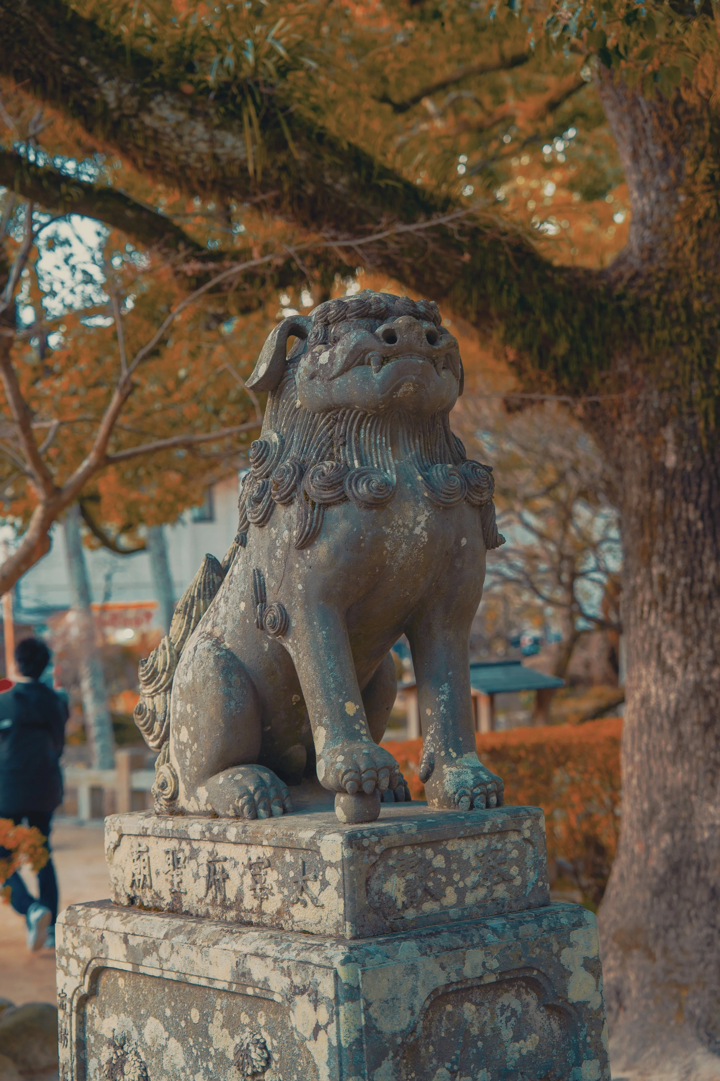 A traditional stone guardian lion statue, known as a komainu, sits on a pedestal beneath a tree with autumn-colored leaves.