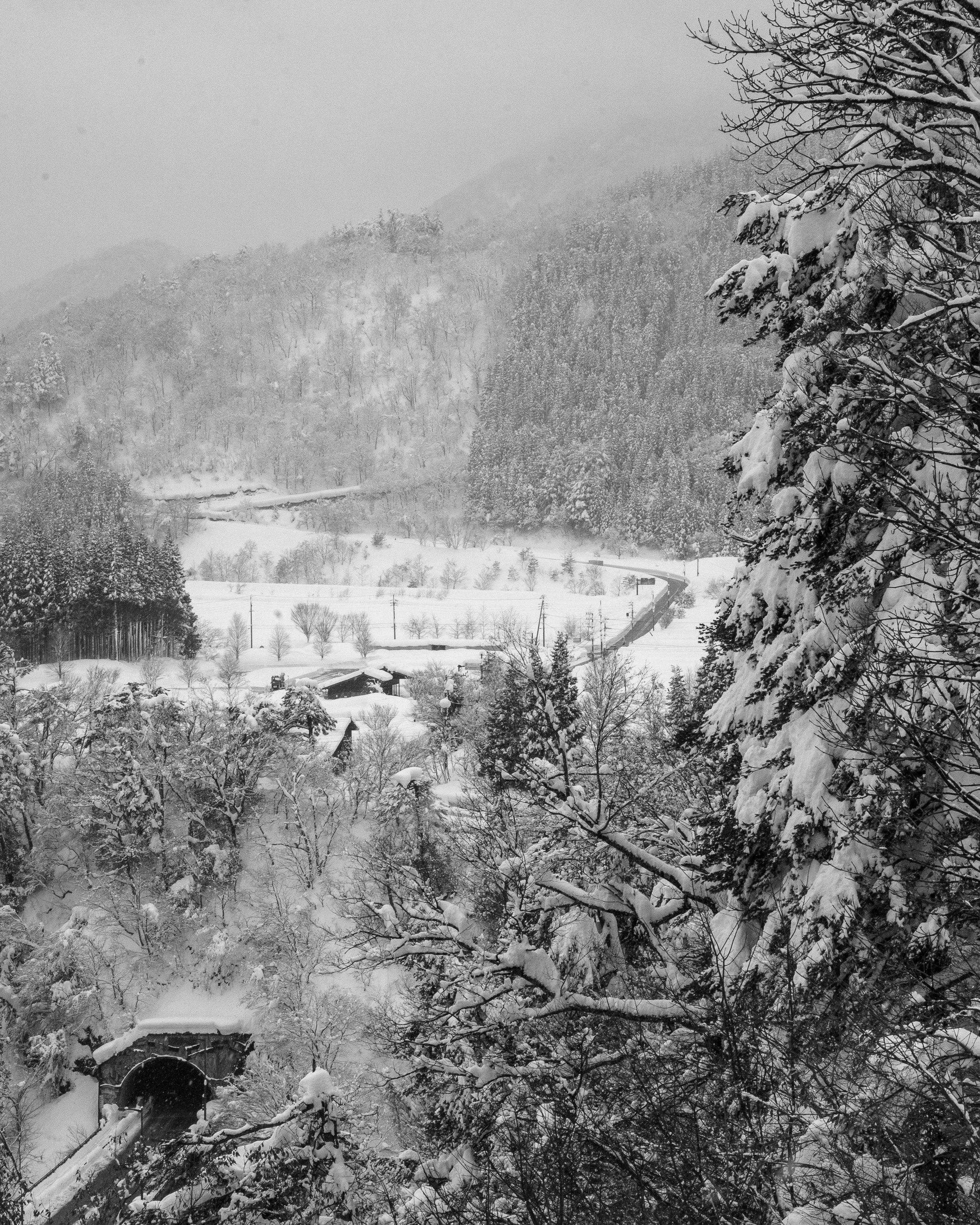 A snowy landscape with snow-covered trees, a winding road, and a small tunnel in the foreground, with mountains in the background.