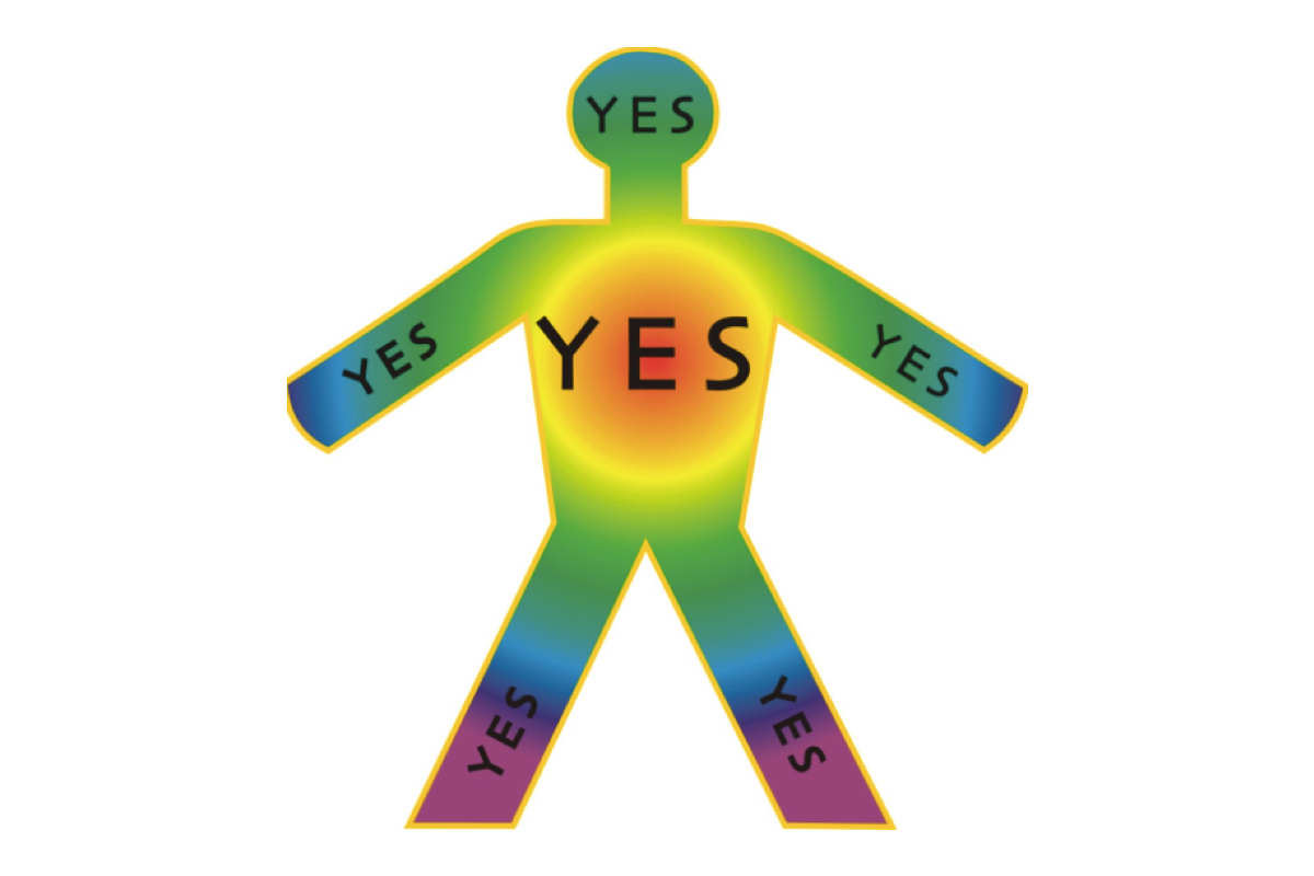 Colorful human figure graphic with the word 'YES' written in multiple places.