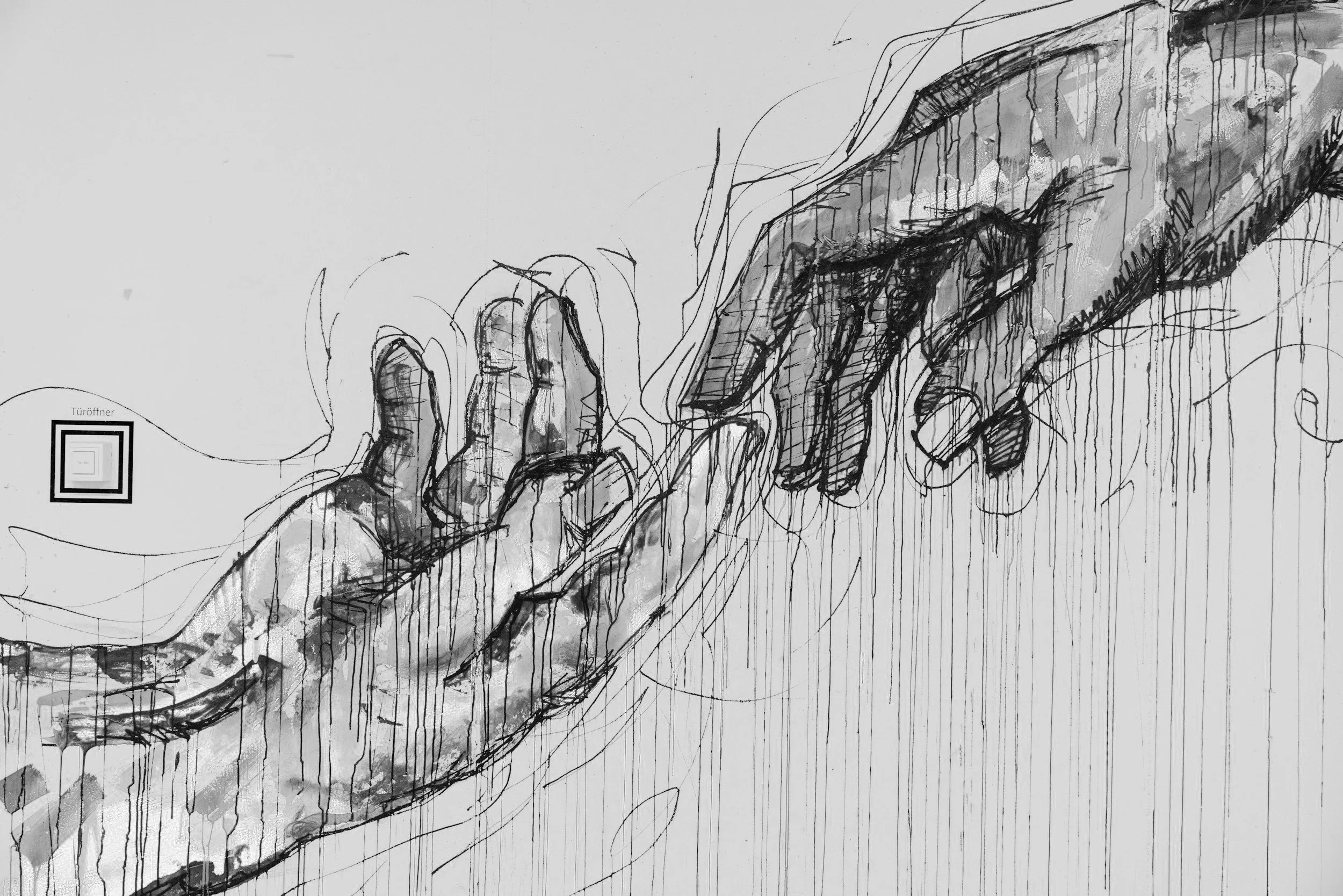 Sketch of two hands reaching towards each other, inspired by Michelangelo's 'The Creation of Adam', with black ink lines and drips on white paper.