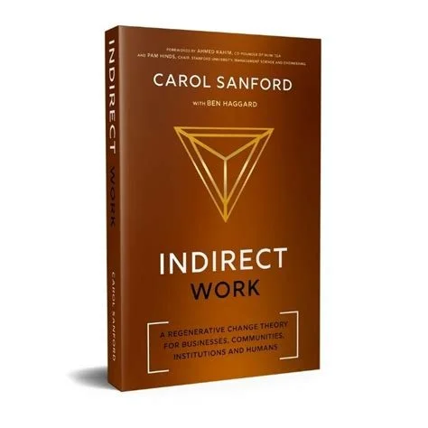 3D render of the book "Indirect Work" by Carol Sanford with Ben Haggard. The cover is brown with a geometric design and features the tagline "A Regenerative Change Theory for Businesses, Communities, Institutions, and Humans."