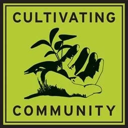Illustration of a hand holding a plant with the words "Cultivating Community" on a green background.
