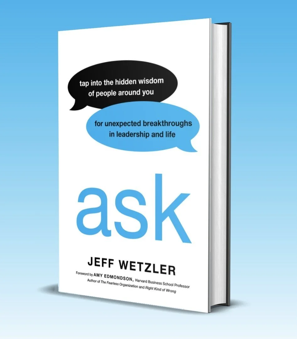 Book cover titled "Ask" by Jeff Wetzler with speech bubbles, blue background.