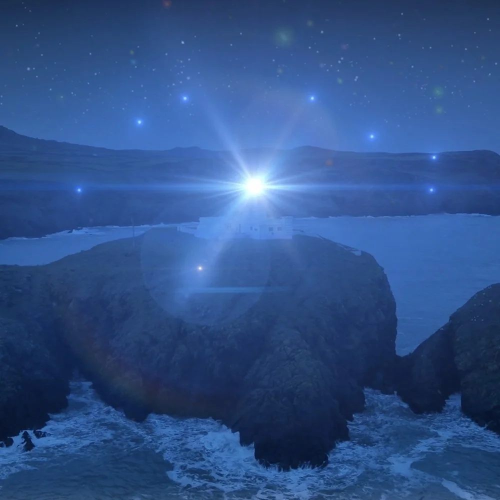 Night scene of a lighthouse on a rocky coastline, surrounded by the ocean with a bright light beam shining across the water, under a starry sky.