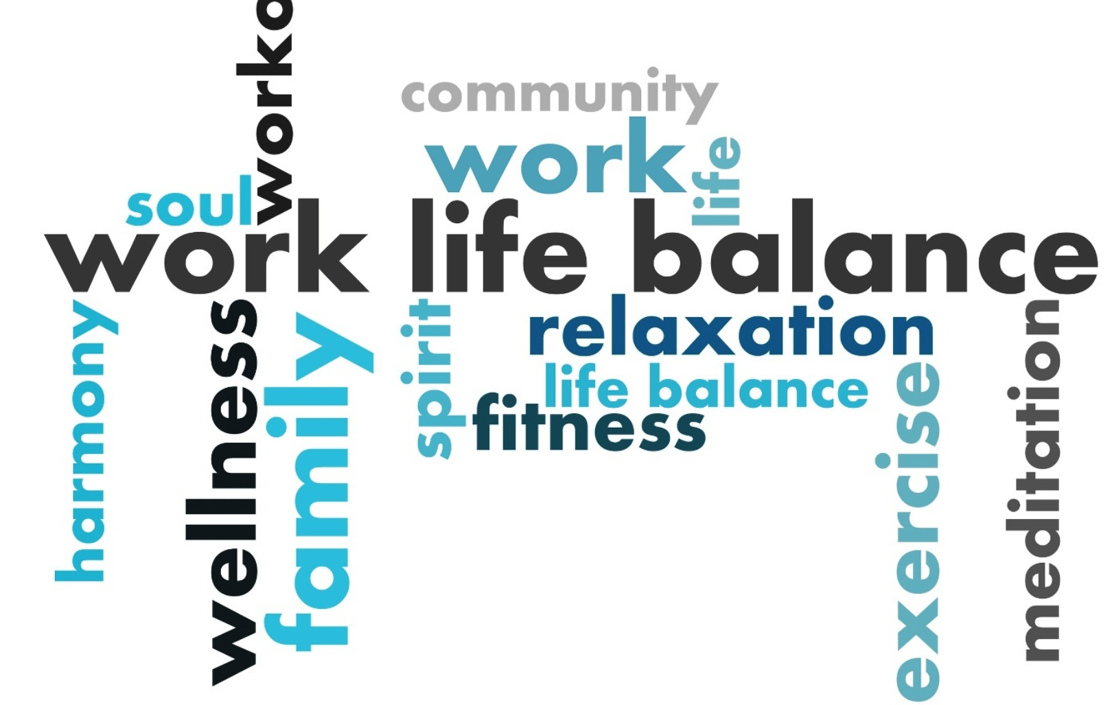 Word cloud with terms related to work-life balance, including 'work,' 'life balance,' 'family,' 'relaxation,' 'exercise,' 'wellness,' 'fitness,' 'soul,' 'meditation,' and 'harmony.'