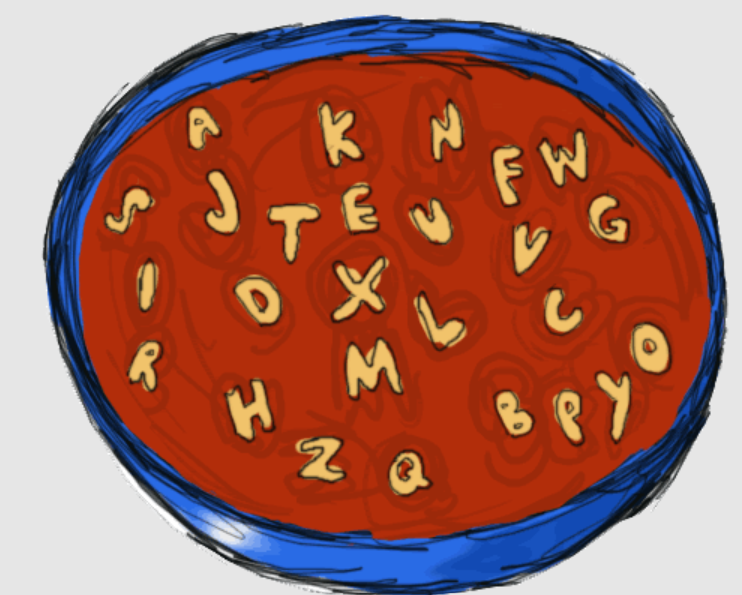 Bowl of alphabet soup with letters visible in red broth and blue rimmed dish
